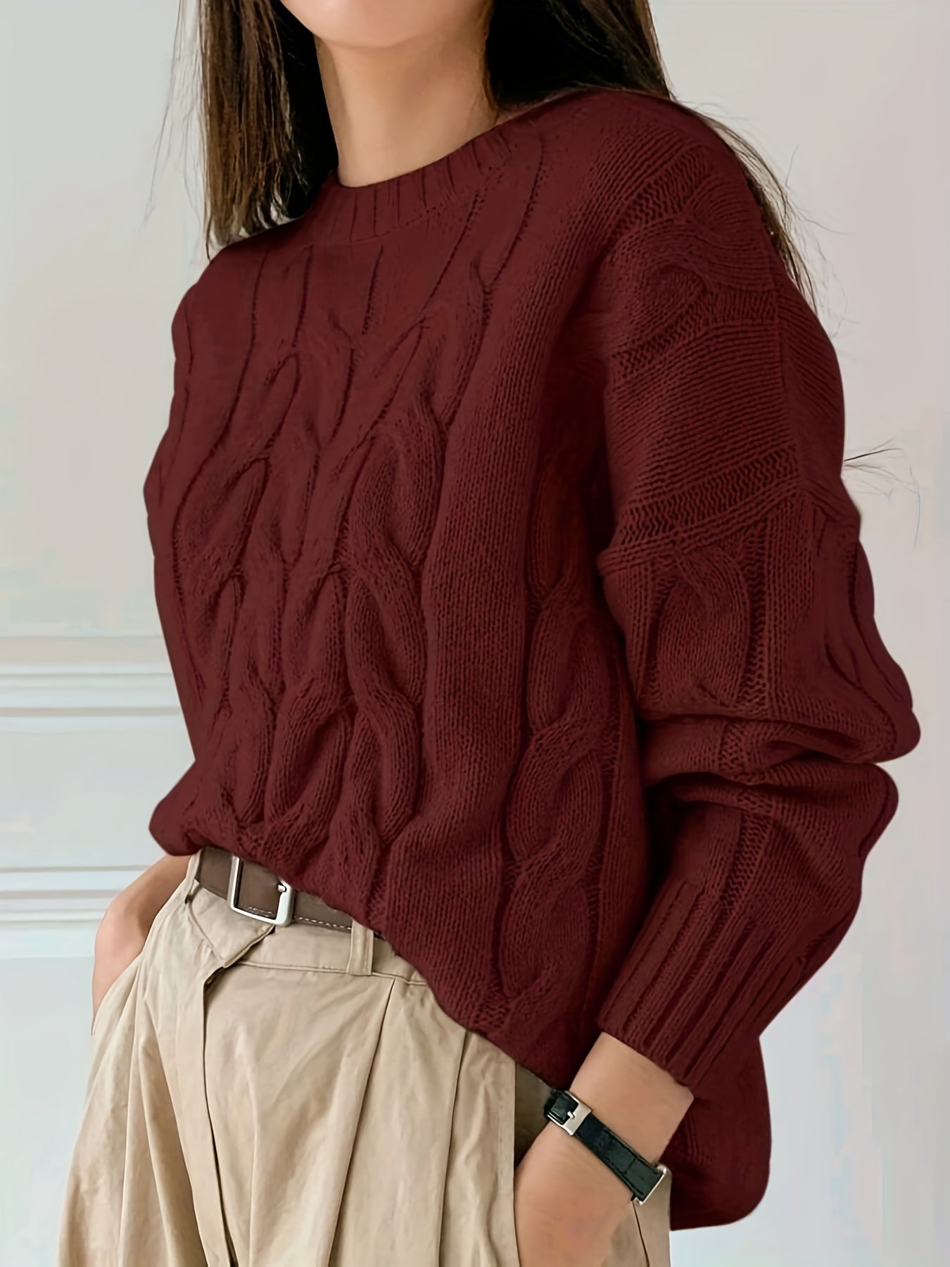  Solid Cable Long Sleeve Round Neck Sweater