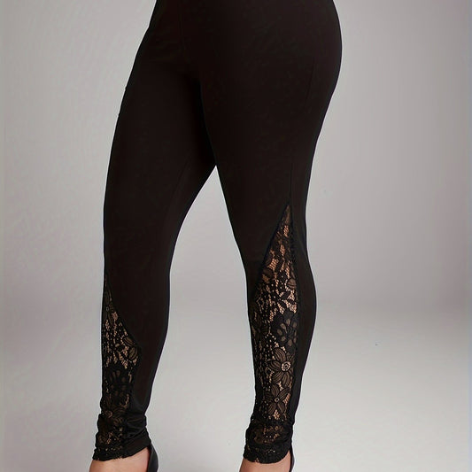  Casual Leggings Women's Plus Contrast Lace Solid Elastic