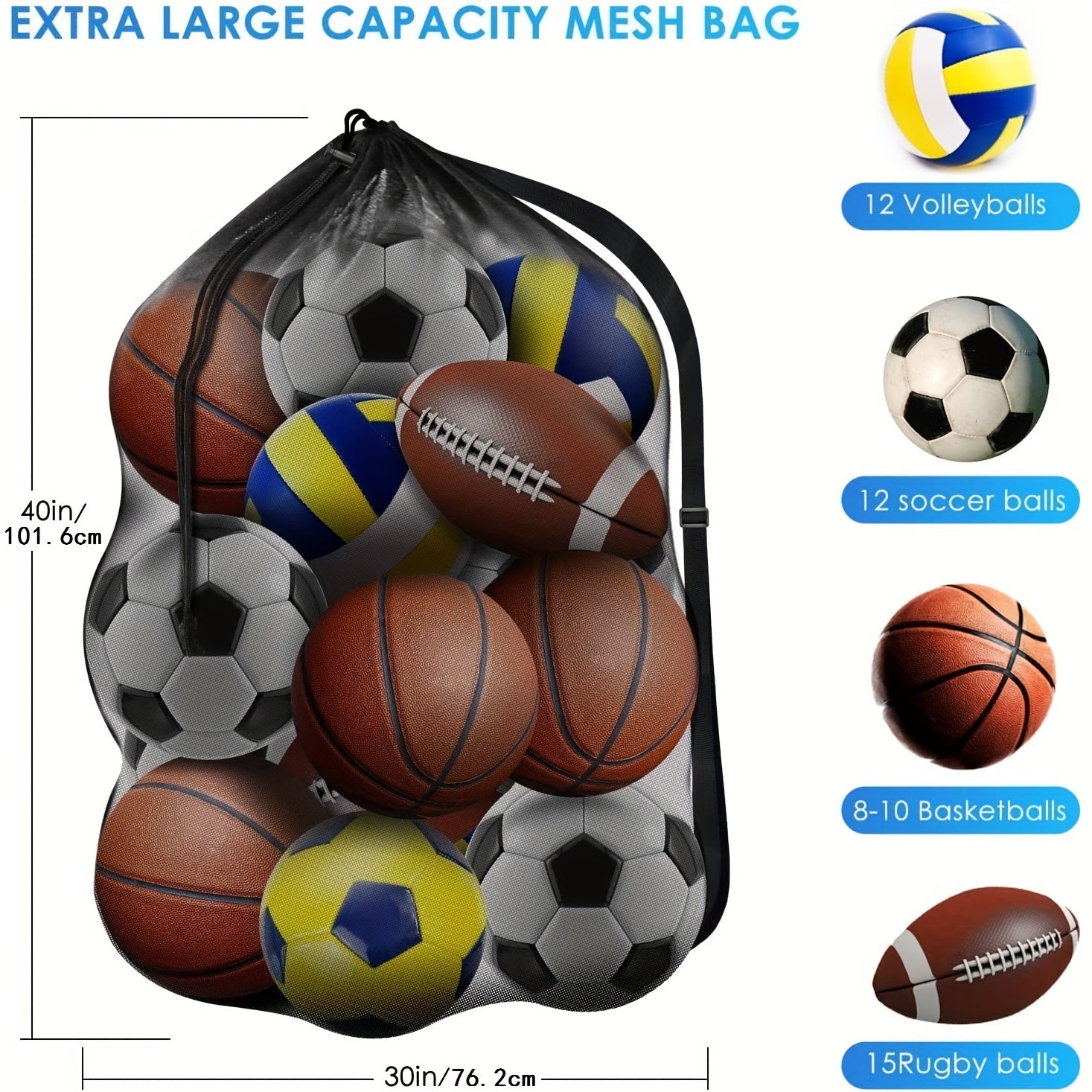XL Sports Net Ball Bag Adjustable Shoulder Straps Team Equipment Storage