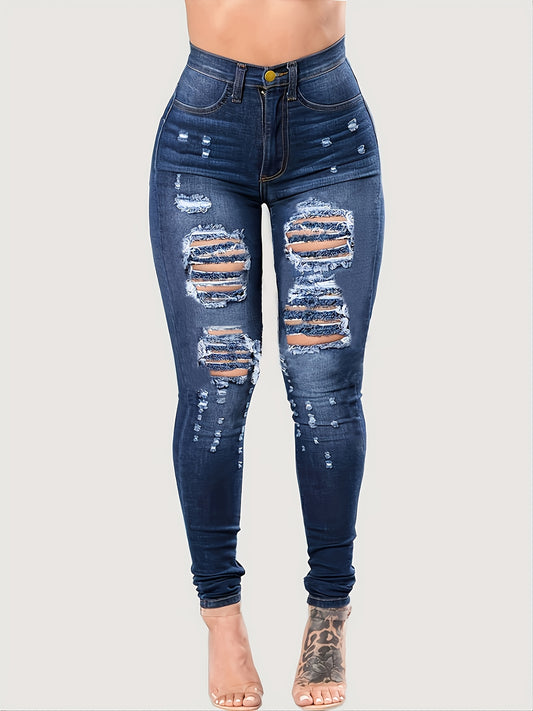 Navy Ripped Holes Skinny Leg Jeans Distressed Skinny Denim Pants