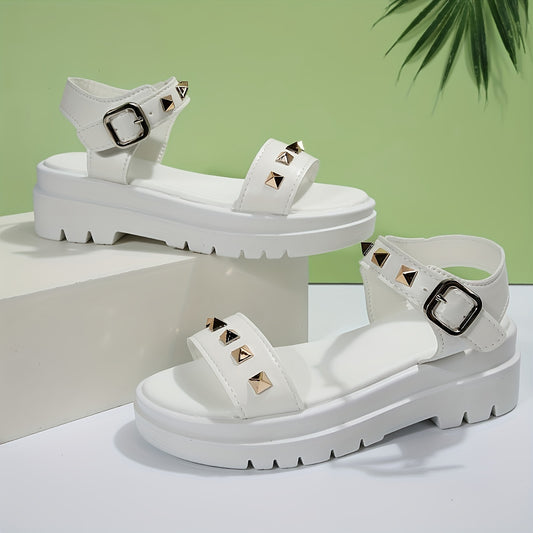 Women's Studded Open Toe Platform Sandals with Ankle Strap Buckle