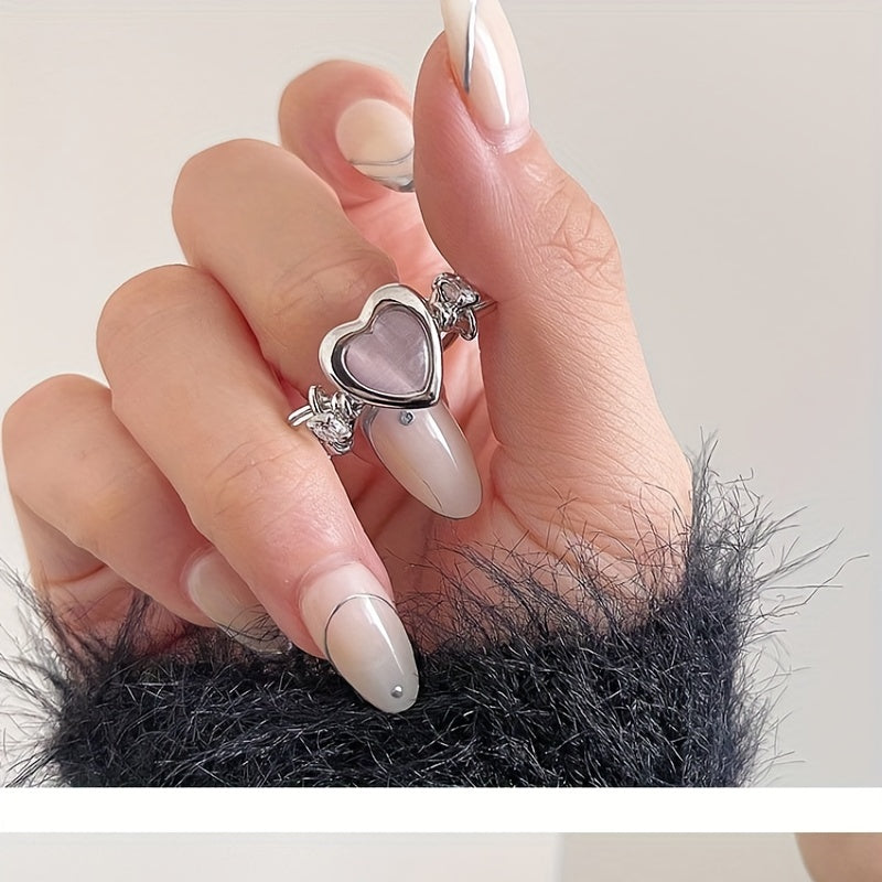 Love Heart Cat Eye Stone Ring Opening Adjustable Jewelry