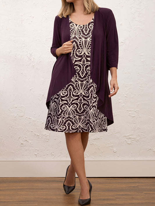 Plus Size Allover Print Tank Dress & Solid Open Front Coat Set