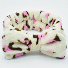 Leopard Bow Decor Headband Coral Velvet Bath Headband
