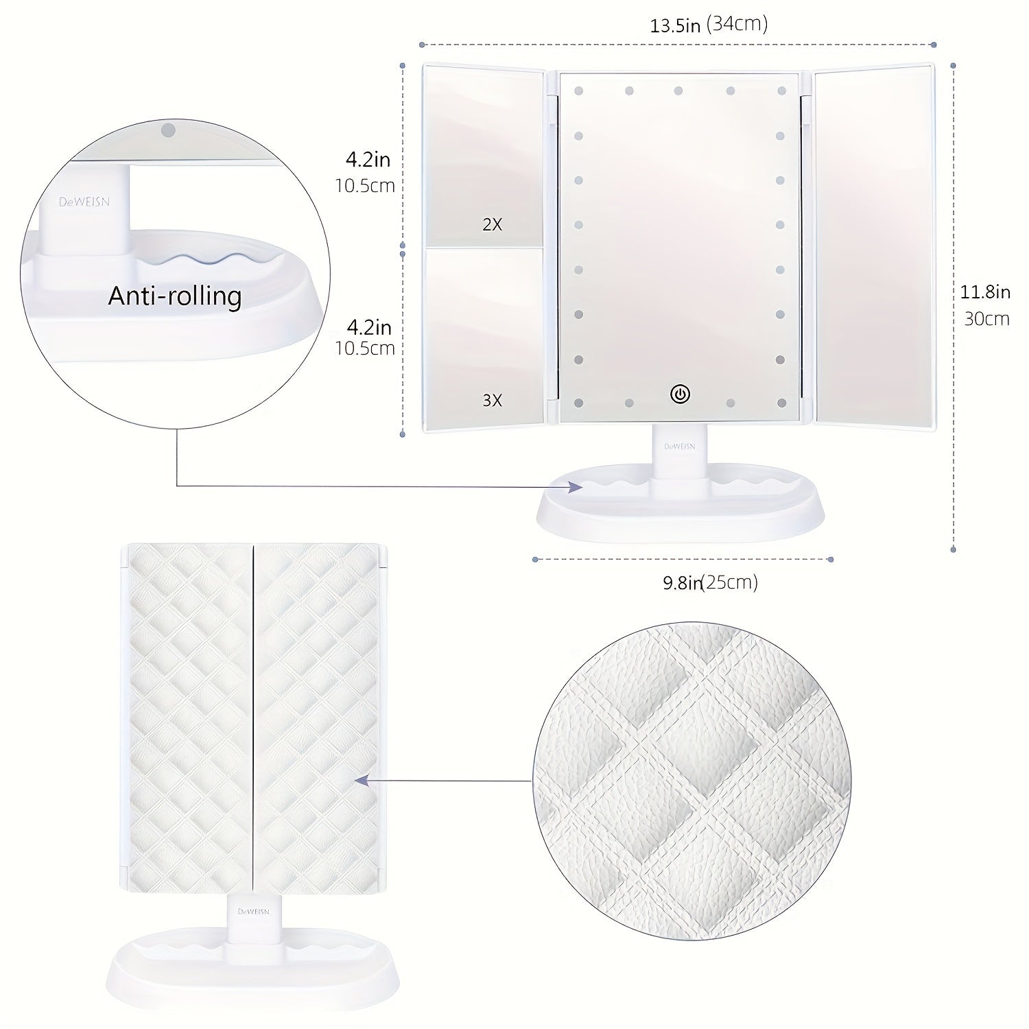 LED Trifold Vanity Makeup Mirror 3x Magnification Touch Screen Dimming