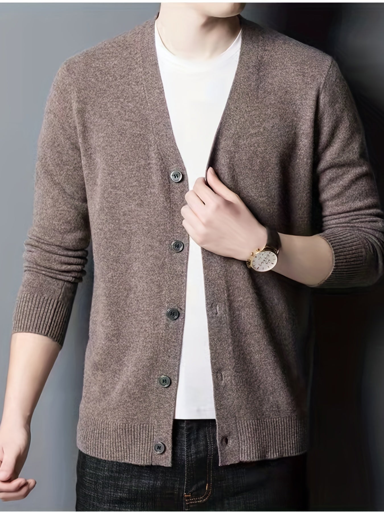 Woolen V-neck Button Up Cardigan for Men