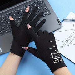 Bear Embroidery Half Finger Gloves for Women