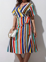  Colorful Stripe Print Short Sleeve Dress With Belt