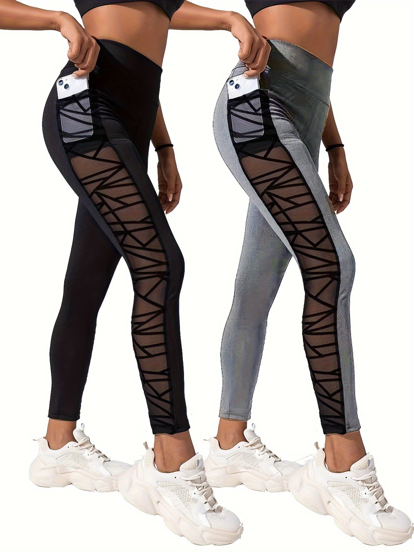 2pcs Mesh Insert Yoga Leggings With Pocket High Waist Sports Tight Pants