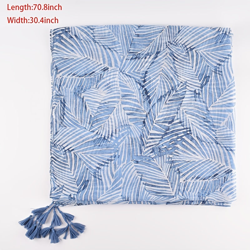Light Voile Scarf Leaf Print Breathable Beach Towel Sunscreen Long Shawl