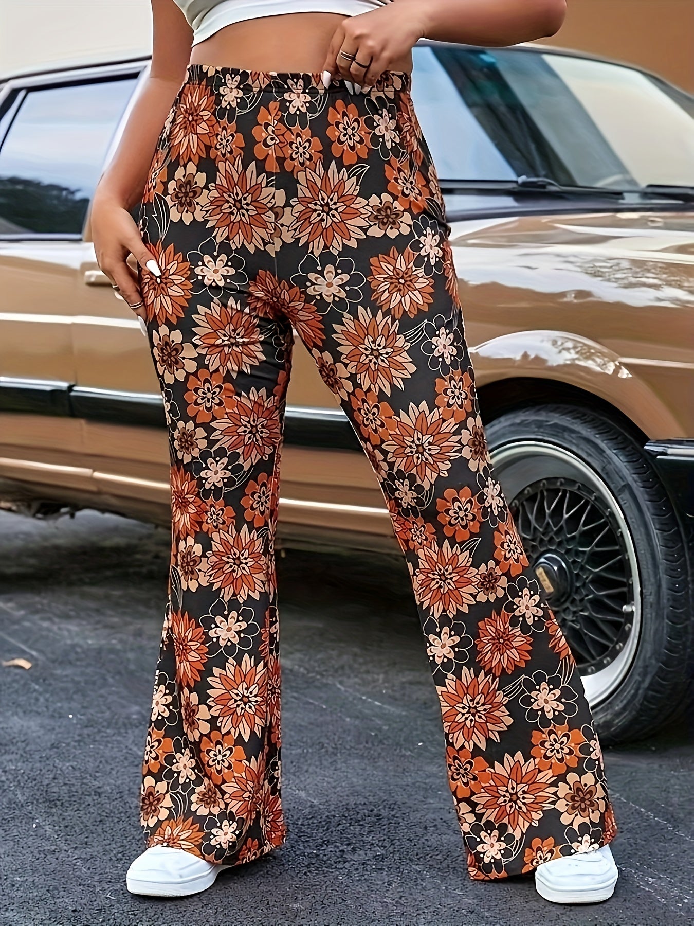Women's Plus Floral Print High Rise Flared Leg Pants