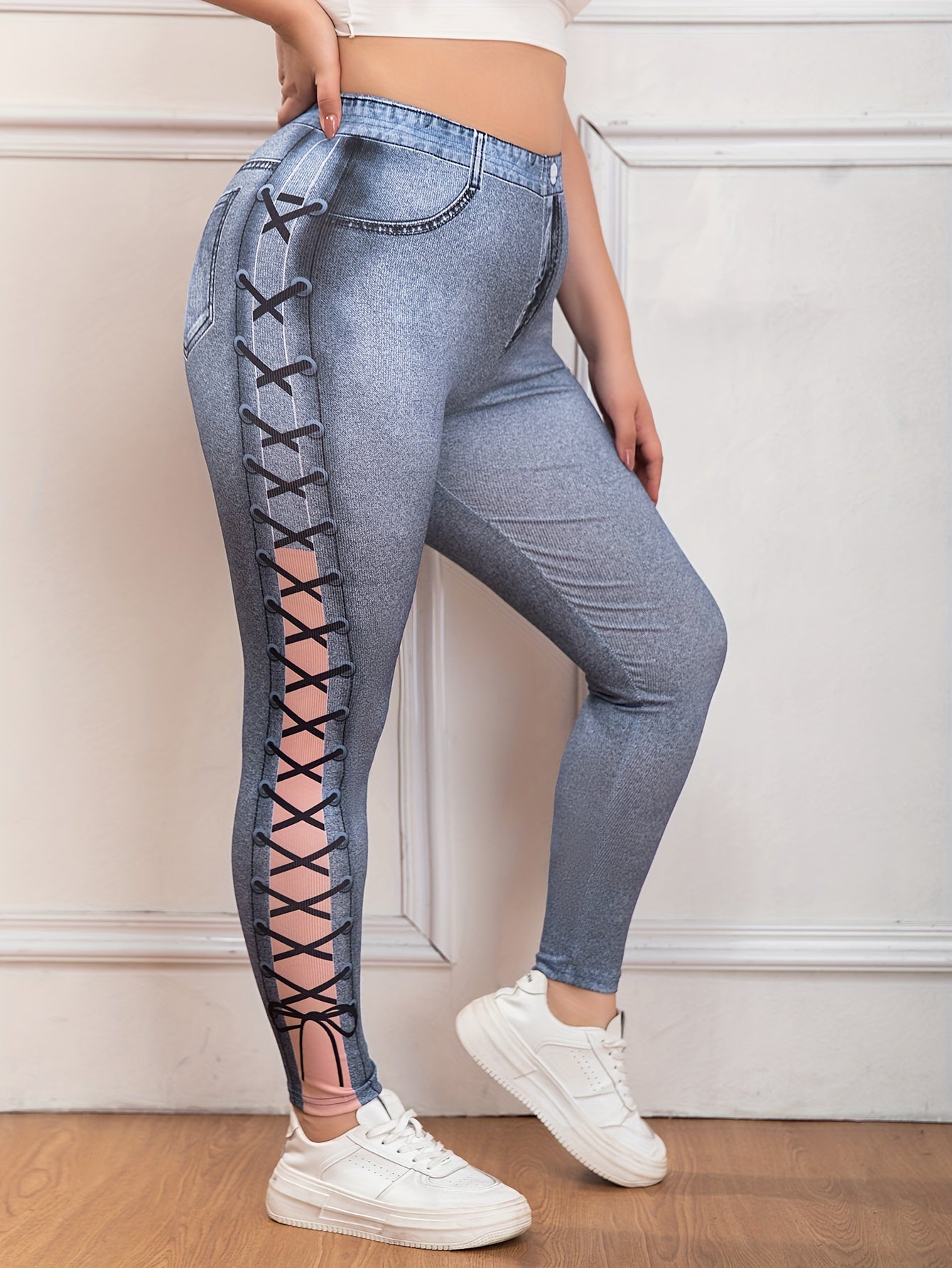 Women's Plus Denim Print High Waisted Skinny Leggings