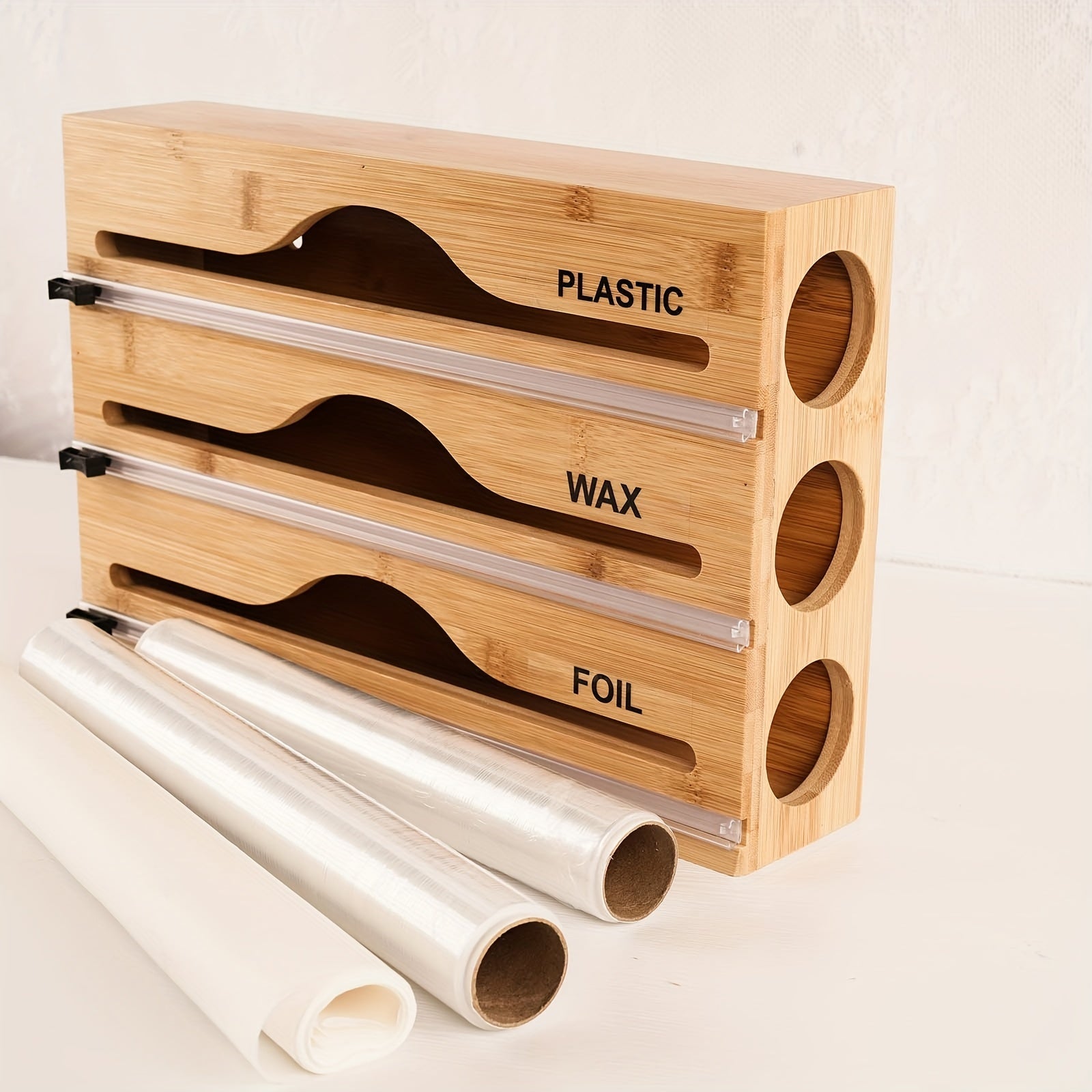 Bamboo Dispenser For 12.5 Roll Foil Plastic Wrap Foil Organizer