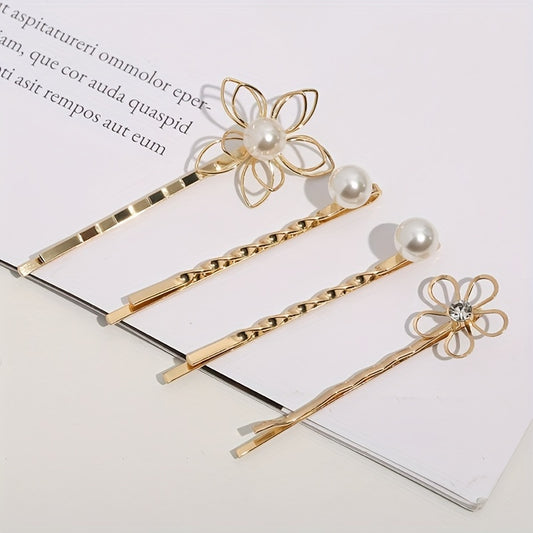 4pcs Golden Hair Clips with Flower & Pearls, Metal Hairpins for Women and Girls