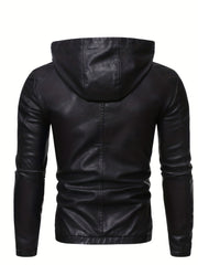 Men's PU Hooded Jacket Zip Up Faux Leather Jacket