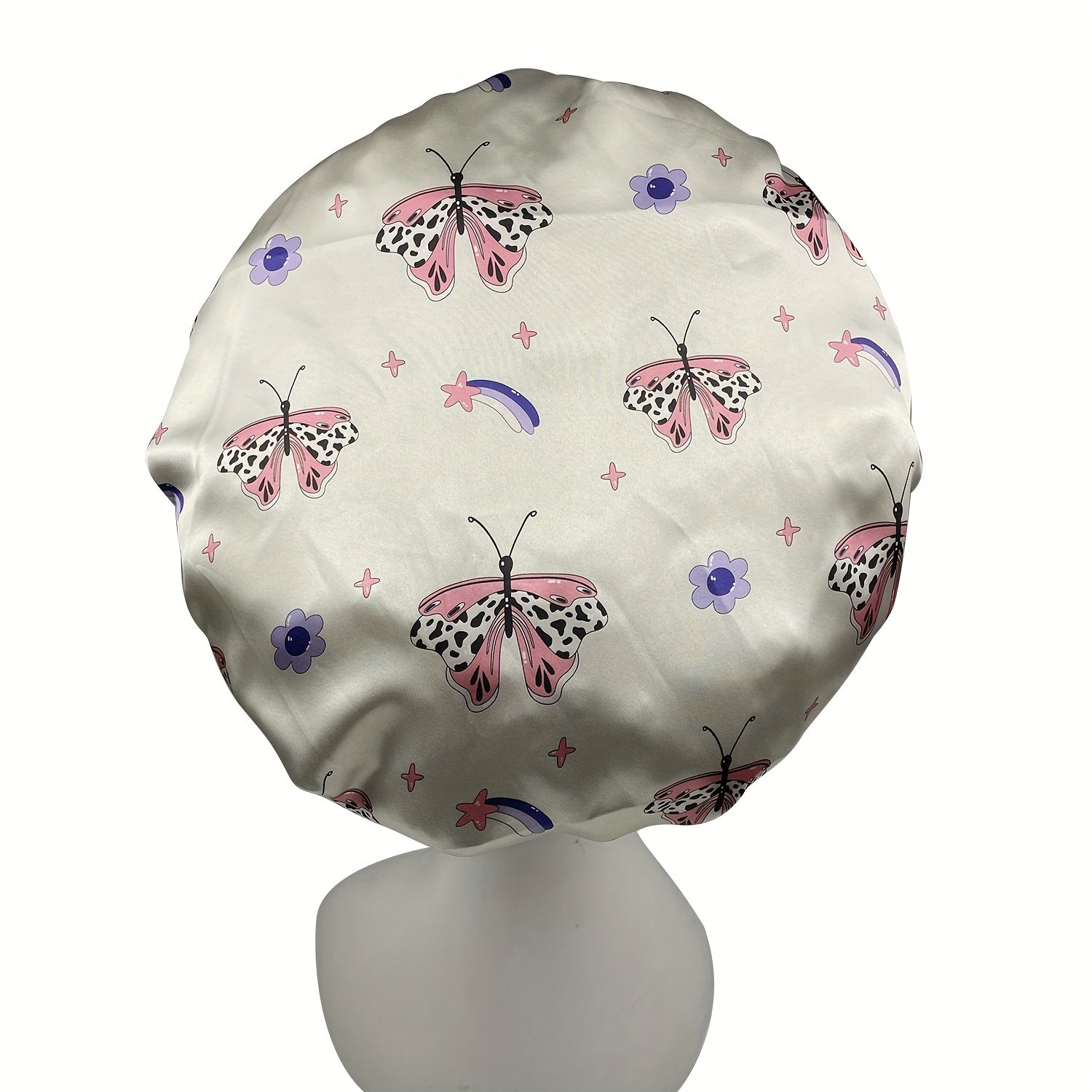 Gray Butterfly Print Bonnet Shower Cap Satin Head Wrap