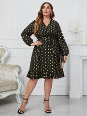Women's Plus Dot Print Long Sleeve Surplice Neck Dress With Belt