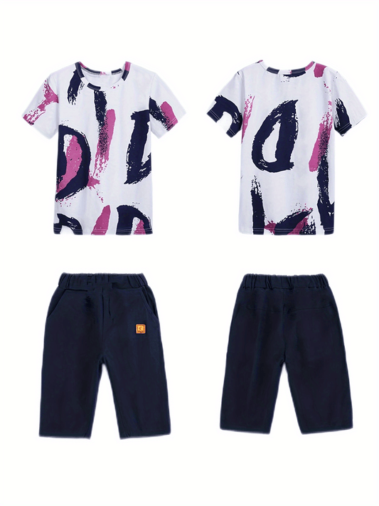 Boys Contrast Cotton Top & Casual Shorts Set Spring Summer Kids Clothes