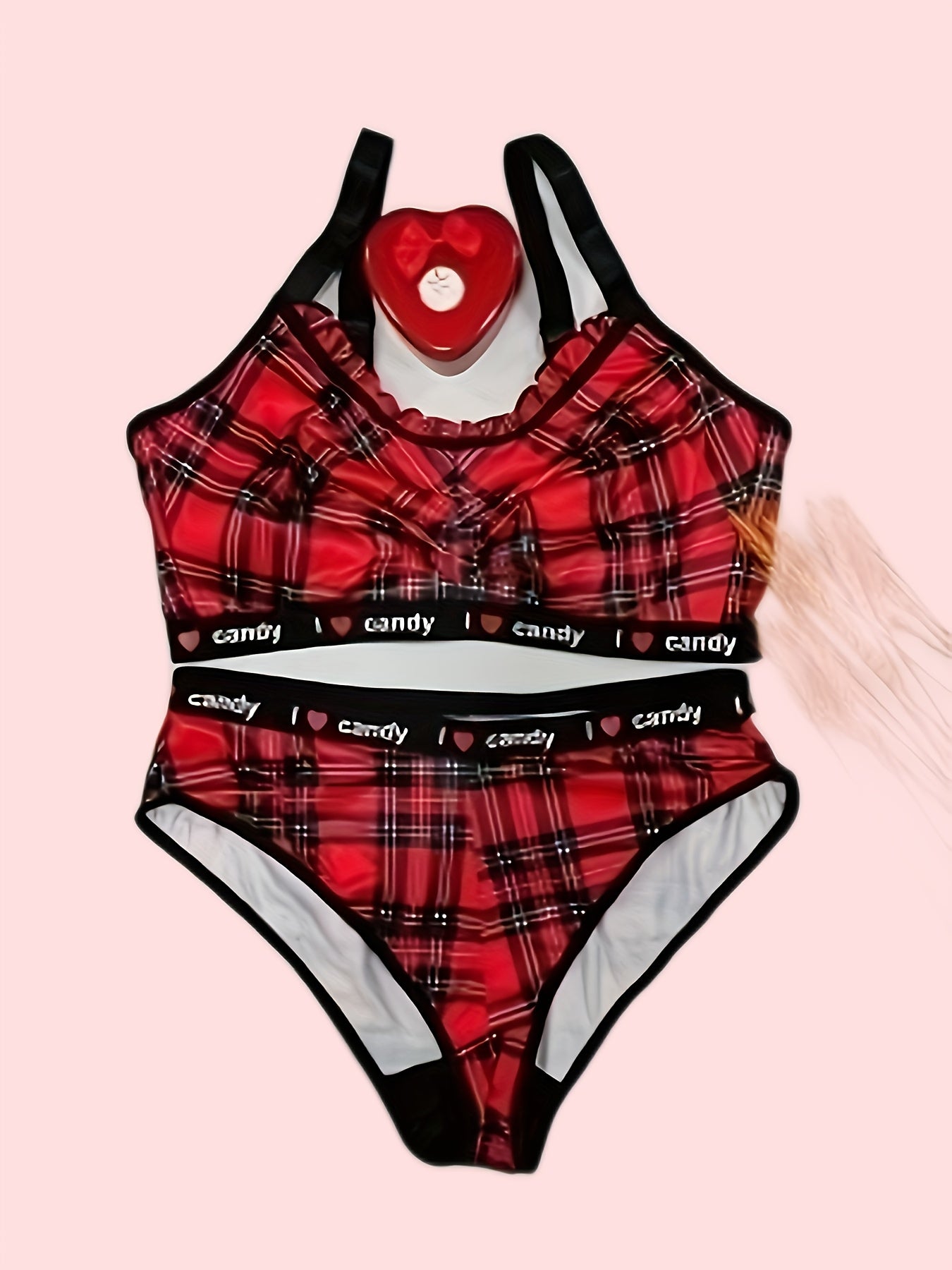  Sexy Lingerie Set Plaid Print Ruched Bra & Panty Christmas Two Piece