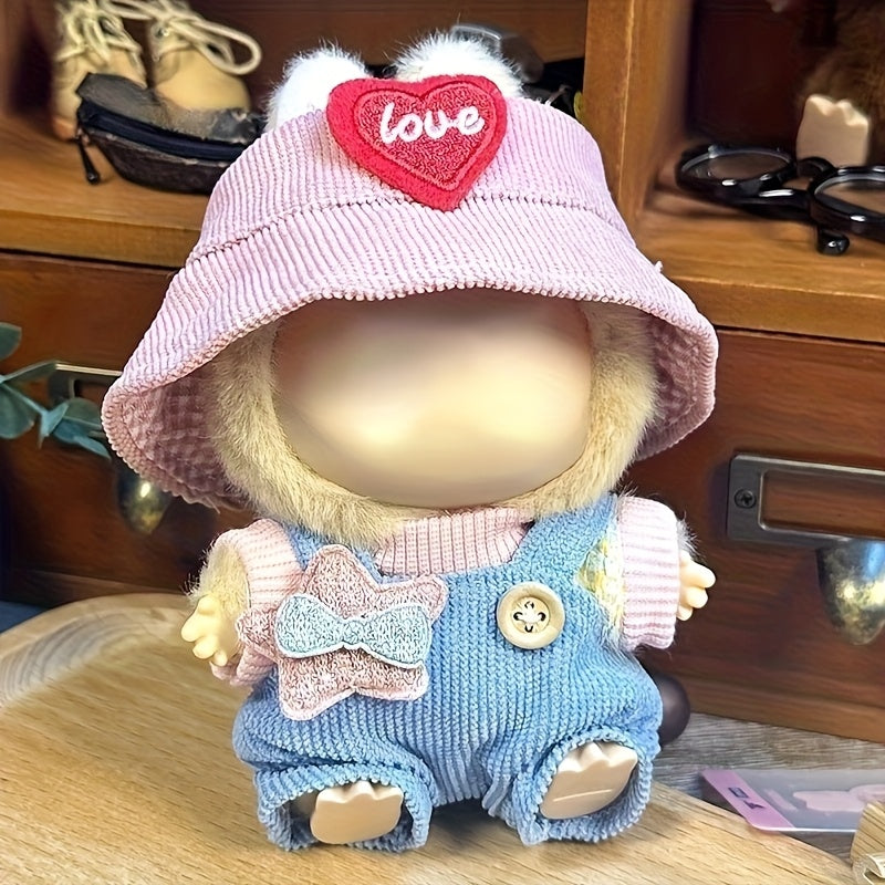 Doll Clothing Set Hat T-Shirt Suspender Skirt Outfit, Fits 6-9in Dolls