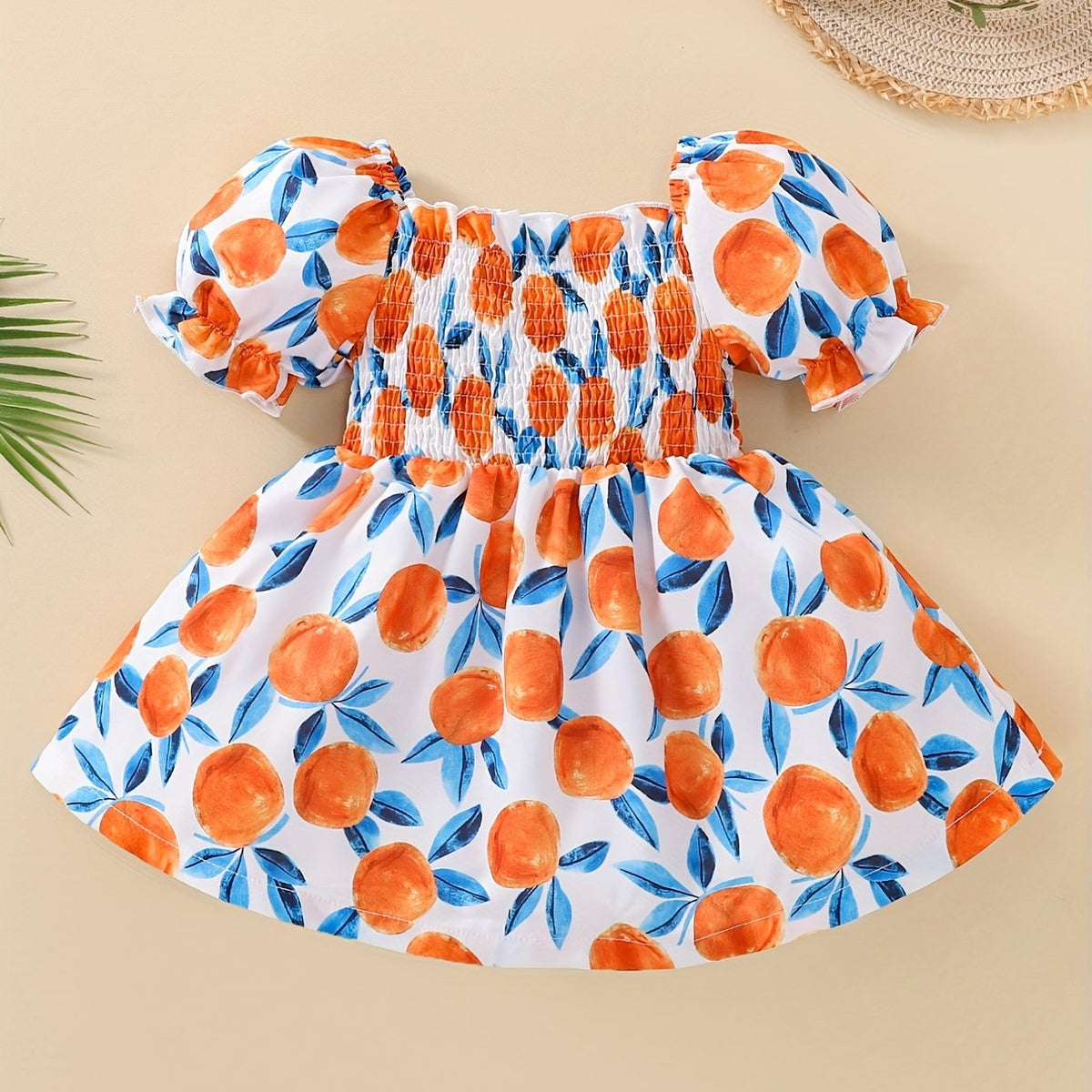 Sweet Girls Allover Print Shirred Puffy Sleeve Dress