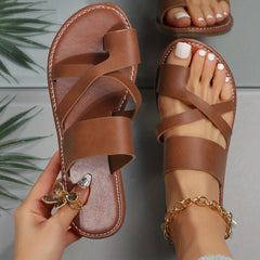 Women's Toe Loop Flat Slides Faux Leather Shoes Casual Summer Beach Slides