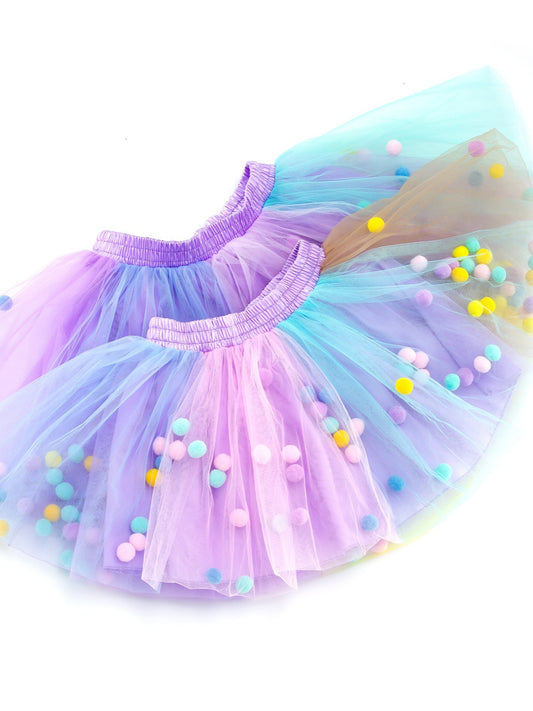 Girls Fluffy Tulle Tutu Skirt with Pom Pom for Party