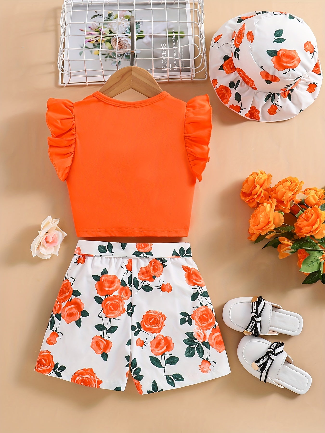 Girls Twist Front V Neck Top & Floral Print Shorts Set