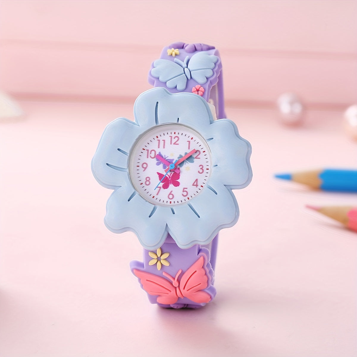 Girls' 3D Flower & Butterfly Cartoon Watch Soft Silicone Band Quartz Movement