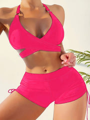 Halter Neck Bikini Set V Neck Criss Cross Ring Drawstring Boxer Short Swimsuit