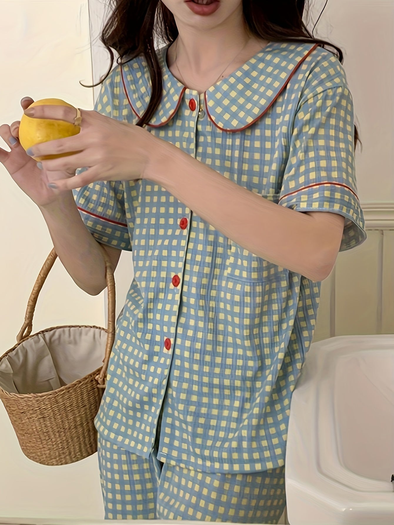 Plaid Pajama Set Short Sleeve Top & Shorts Women's Sleepwear