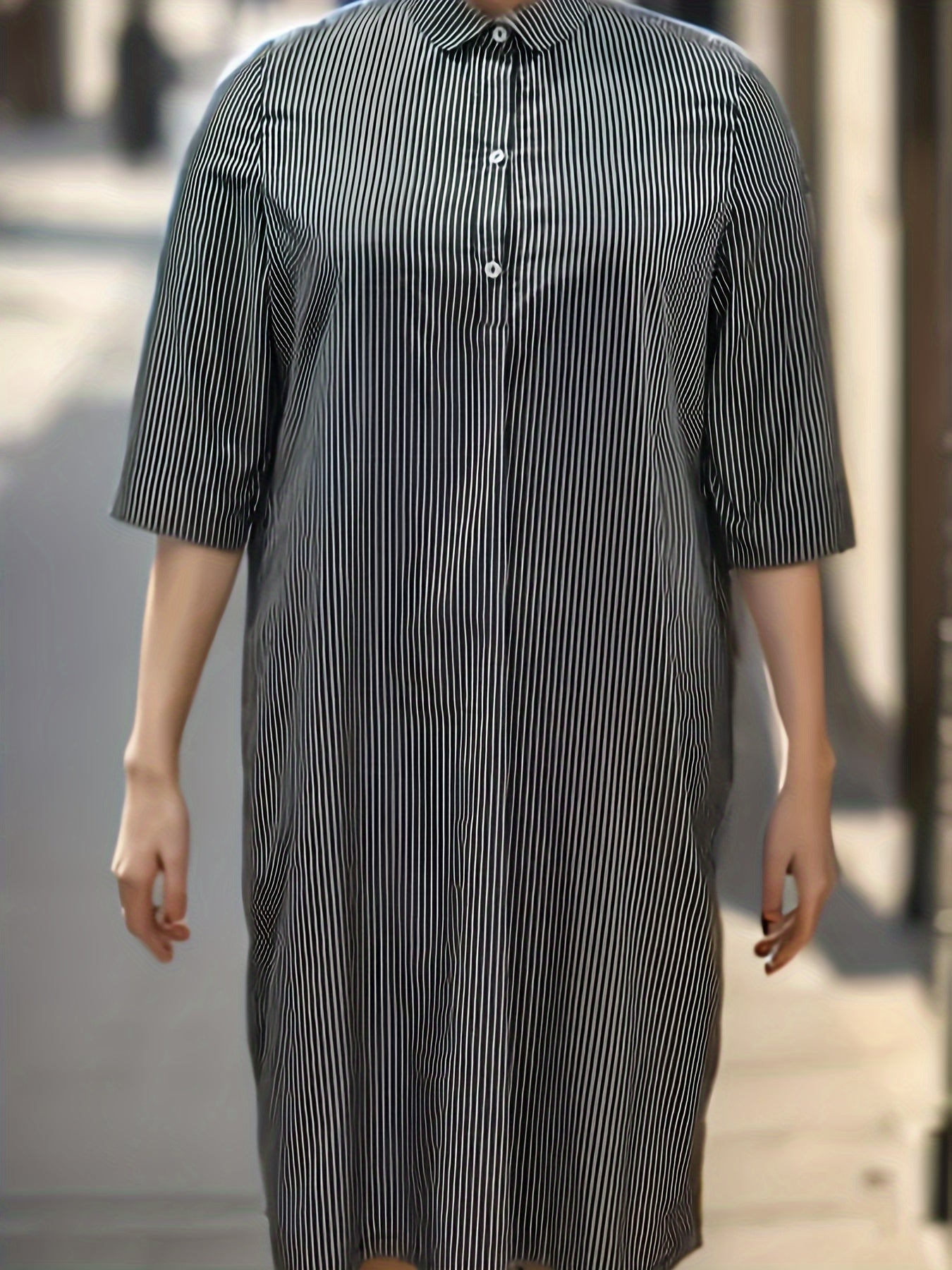  Stripe Print Button Up Half Sleeve Shirt Dress
