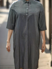  Stripe Print Button Up Half Sleeve Shirt Dress