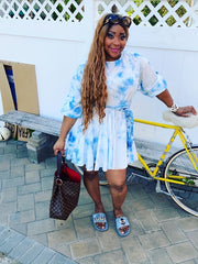  Tie Dye Bubble Sleeve Mini Dress