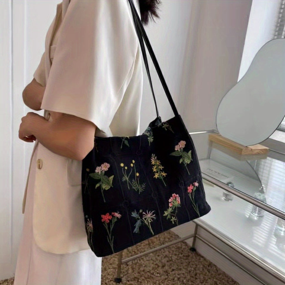 Floral Embroidery Shoulder Bag Canvas Bucket Bag Handbag