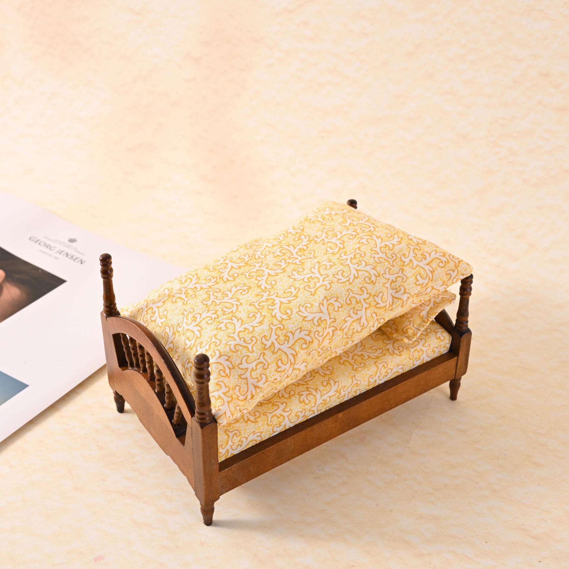 Mini Dollhouse Wooden Bed Vintage Floral Pattern Yellow