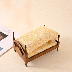 Mini Dollhouse Wooden Bed Vintage Floral Pattern Yellow