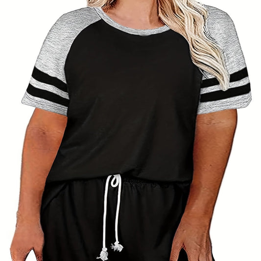  Colorblock Stripe Print Tee & Drawstring Shorts Set