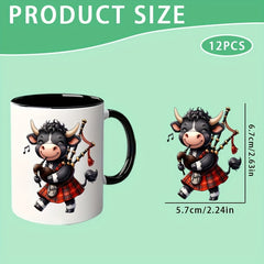 12pcs Scottish Highland Cow UV DTF Cup Wraps Decorative Stickers