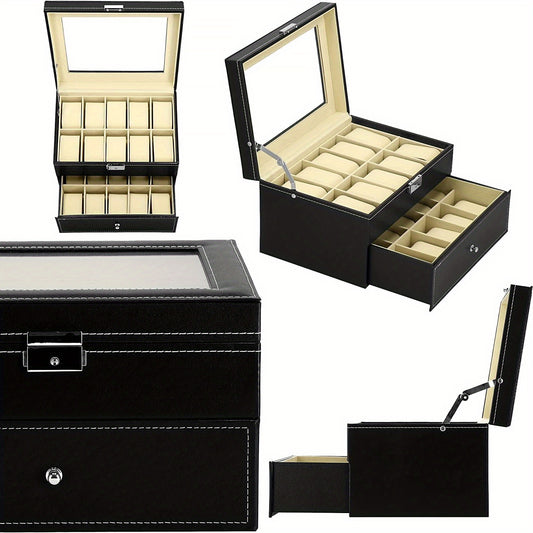 2-Layer Watch Storage Box 20 Watches Leather Case Lock