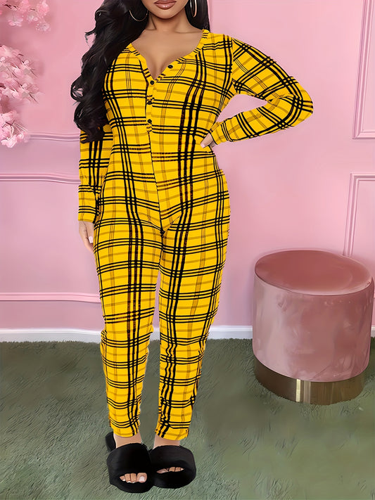  Plaid Print Jumpsuit V Neck Button Up