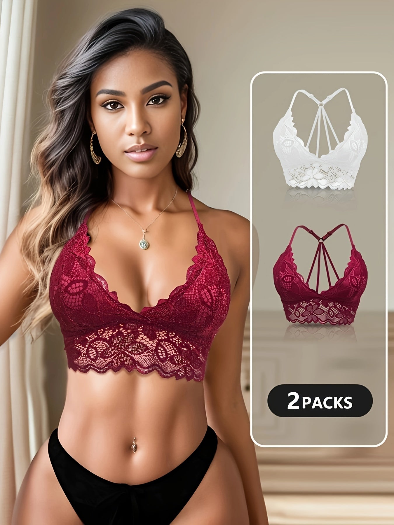 2pcs Lace Wireless Bras Floral Scallop Trim Comfy Women's Lingerie