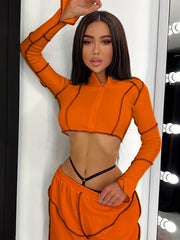 Y2K Top Stitching 2pc Set Zip Crop Top & Elastic Jogger Pants