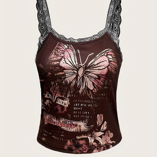 Y2K Butterfly Print Lace Strap Cami Top