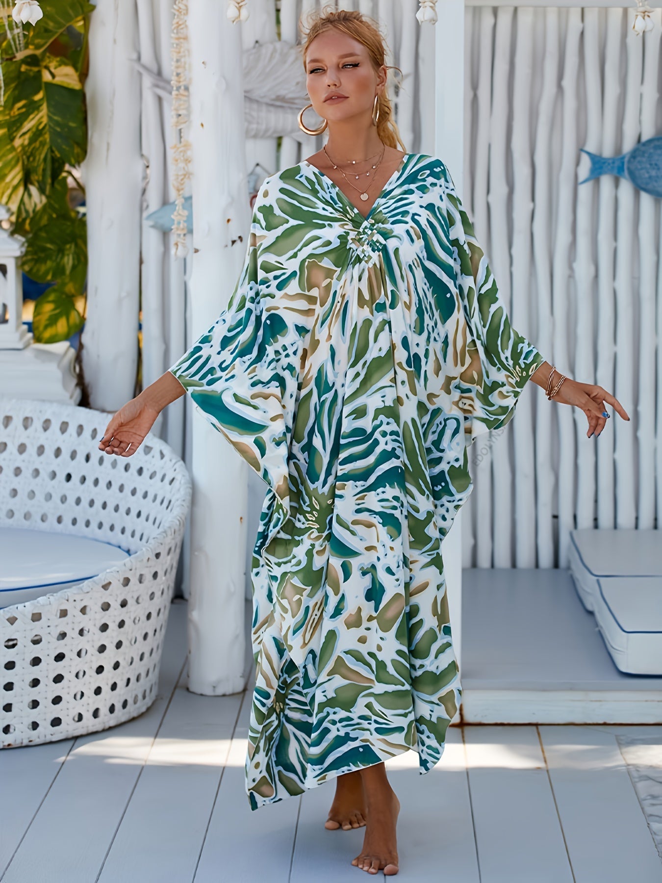 Boho Print V Neck Bat Sleeve Plus Size Dress