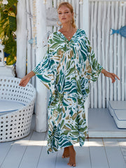 Boho Print V Neck Bat Sleeve Plus Size Dress