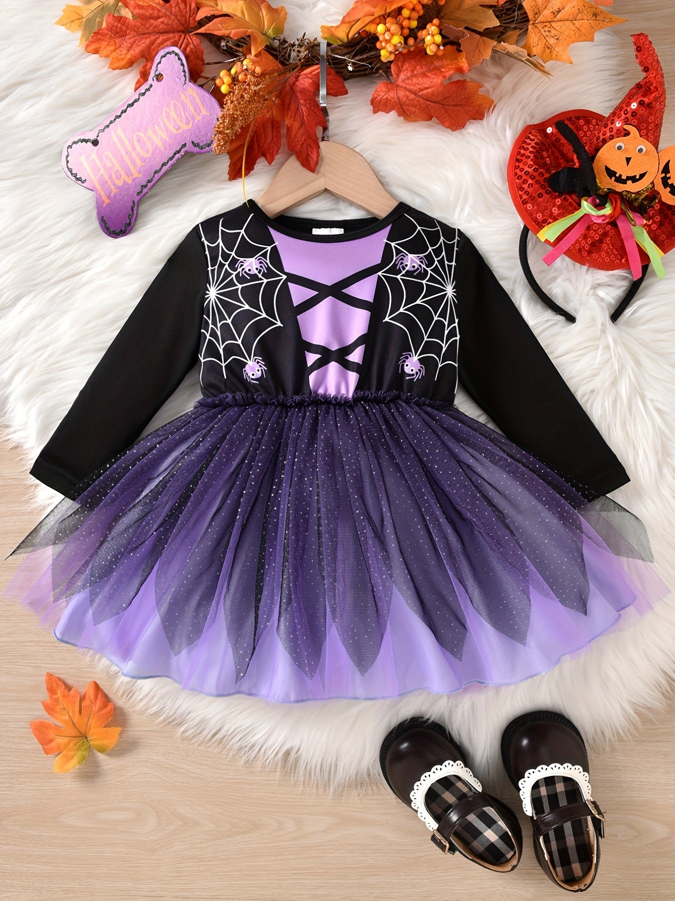 Baby Girls Spider Print Mesh Puffy Dress Halloween Party Long Sleeve