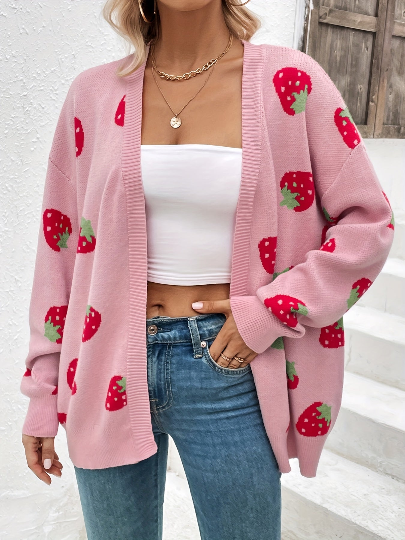 Strawberry Pattern Open Front Cardigan Long Sleeve Cardigan