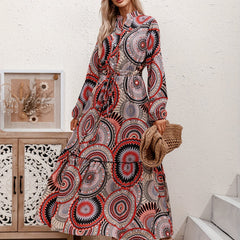 Boho Maxi Dress Women's Plus Graphic Print Long Sleeve V Neck