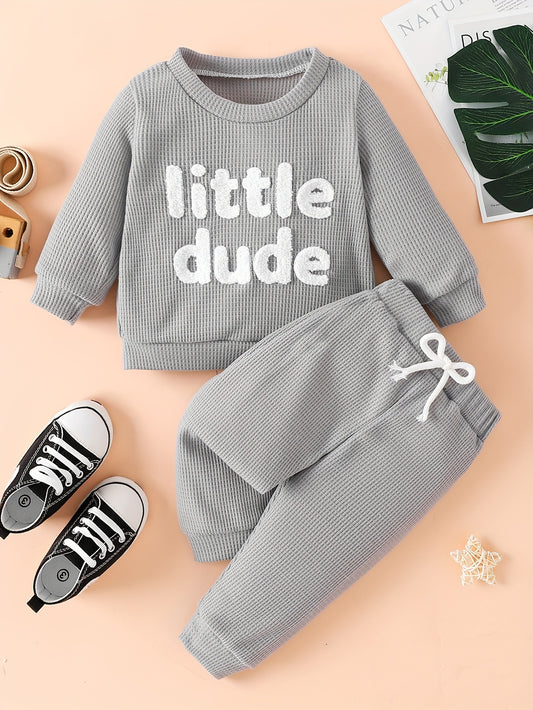 Baby Boy's Waffle Set Embroidered Sweatshirt & Trousers